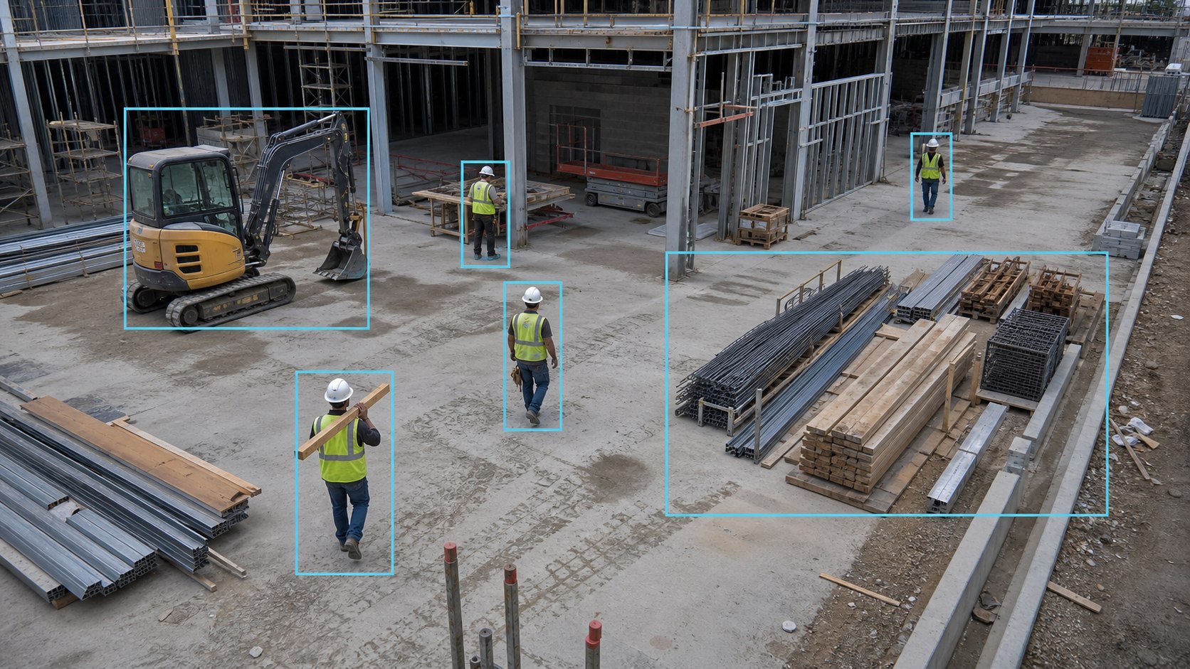 Illustrative construction-site camera view with cyan boxes around workers, equipment, and a materials zone