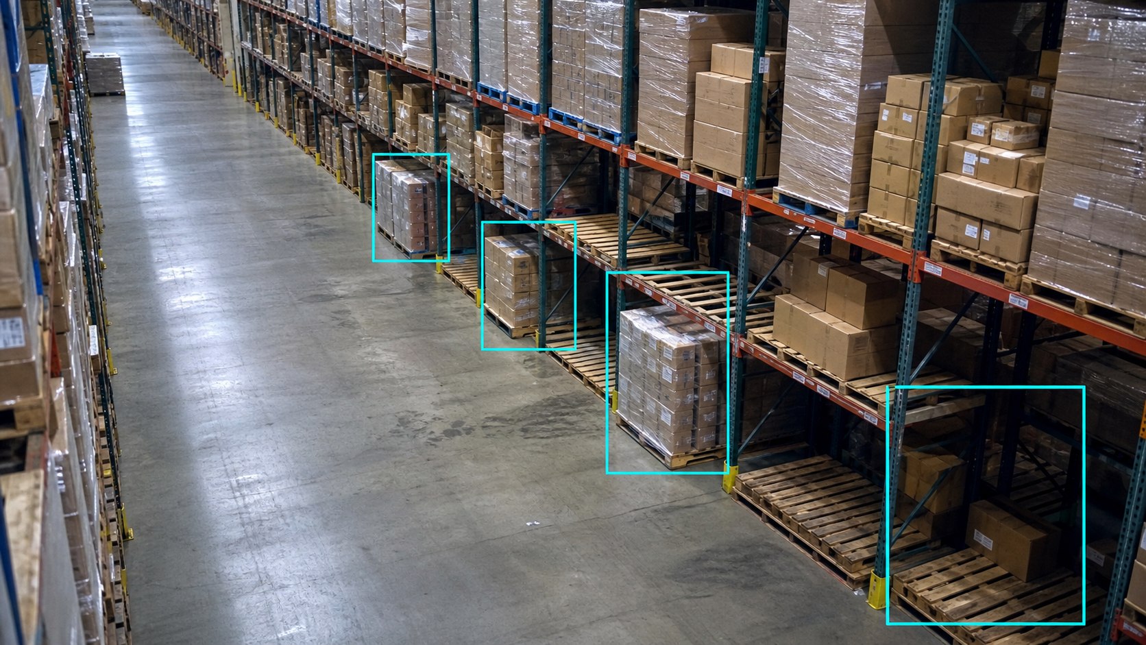 Illustrative warehouse aisle camera view with cyan boxes around inventory and a low-stock bay
