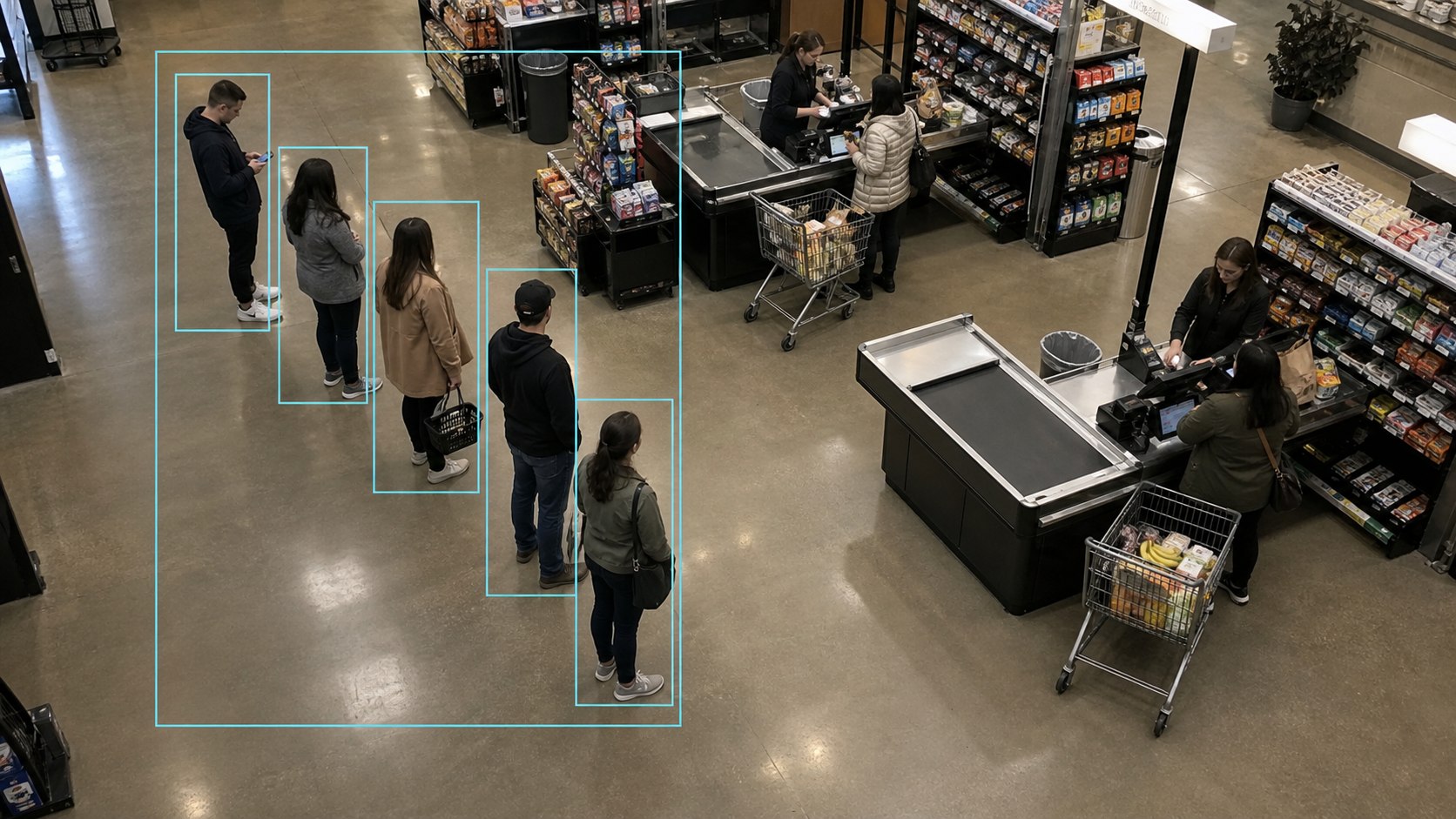Illustrative grocery checkout camera view with cyan boxes around people in a queue